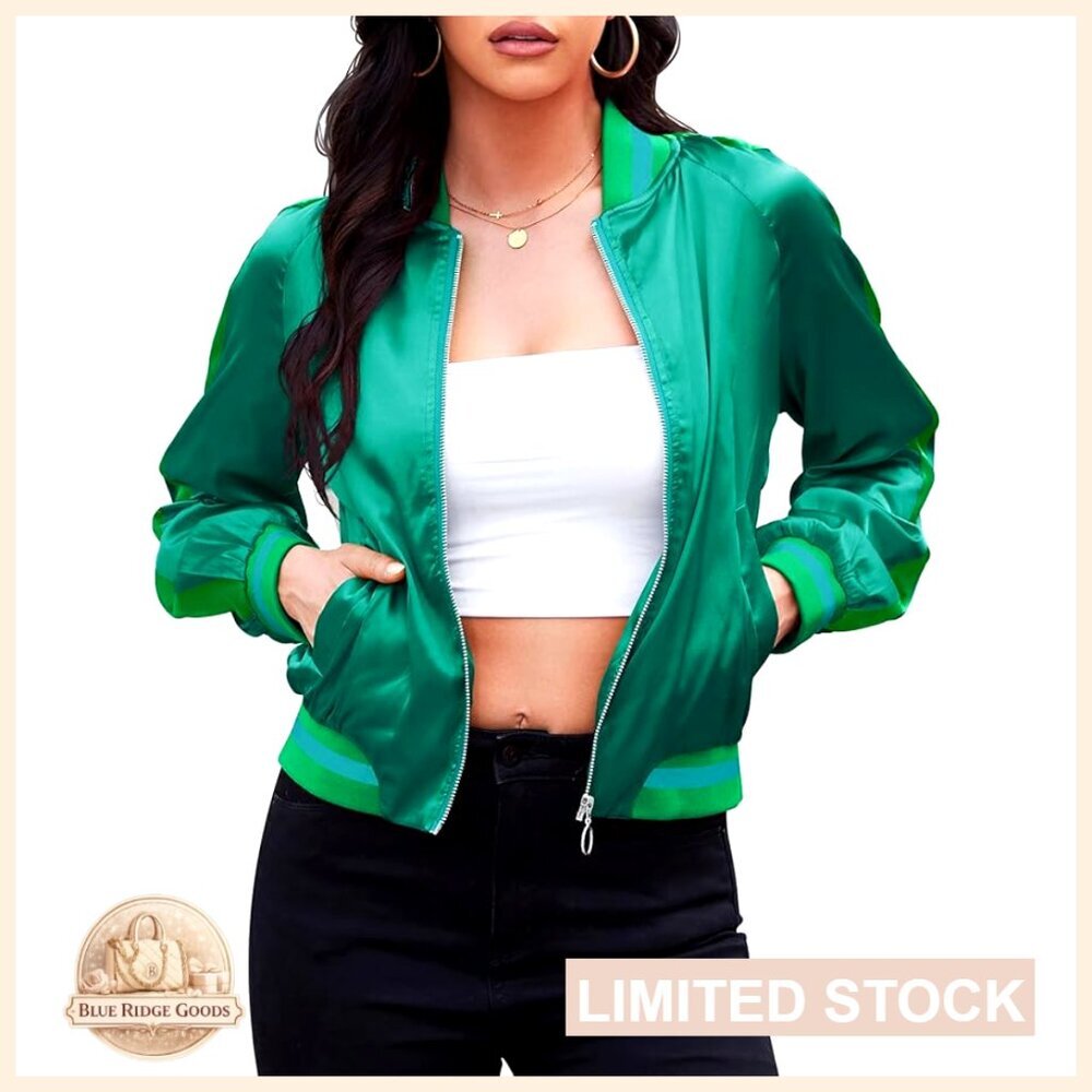 Lightweight Cropped Bomber Jacket Zip Up Casual Striped Trendy Outerwear